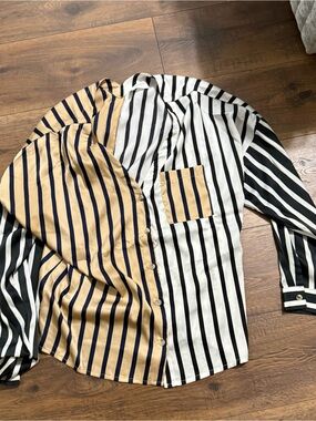Striped Contrast Button-Up Shirt in Black, White & Tan